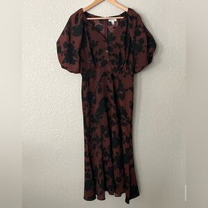 Nordstrom Midi Puff Sleeve Dress Black Floral on Brown size Medium